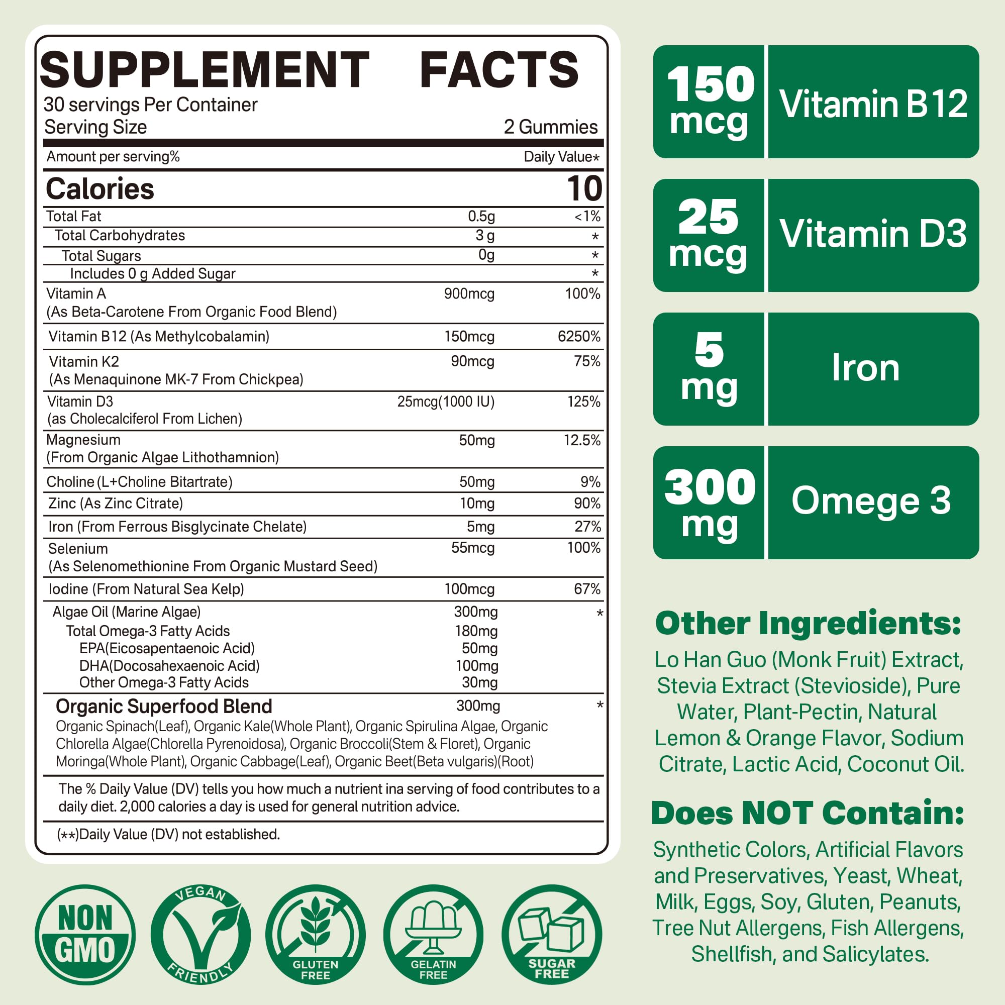 Vegan Multivitamin for Women & Men with Methyl Vitamin B12, D3 K2, Plant Based Omega 3 (DHA+EPA), Iron, Choline, Zinc, Whole Food Daily Vitamins Gummies for Vegans & Vegetarians, Sugar Free, 60 Counts