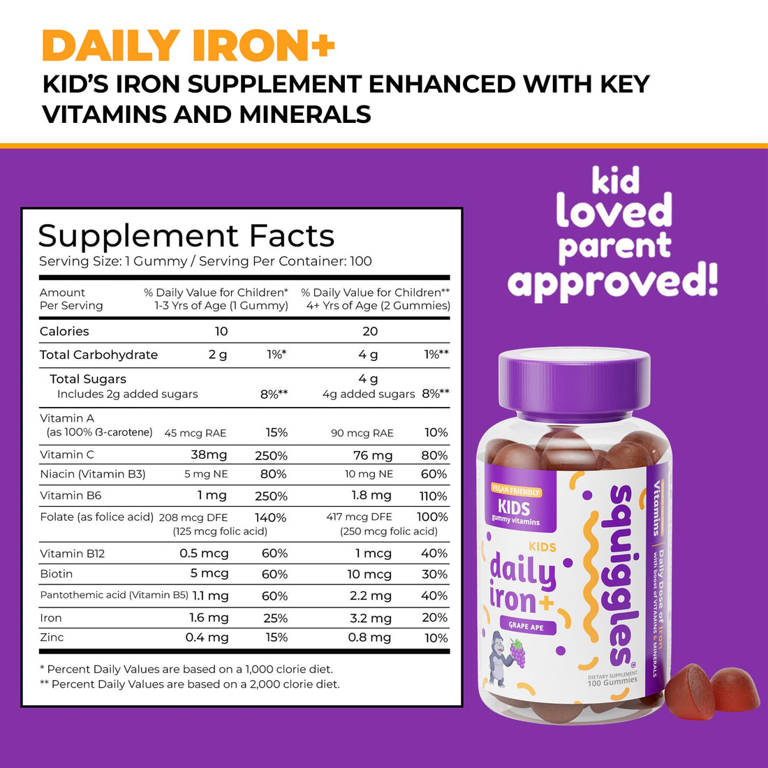 Squiggles Kids Daily Iron+ Gummies - Gummy Vitamin, Low Sugar, Boost of Vitamins, Minerals and Iron, Vegan Supplement, Chewy, Yummy Grape Flavor, 100 Count