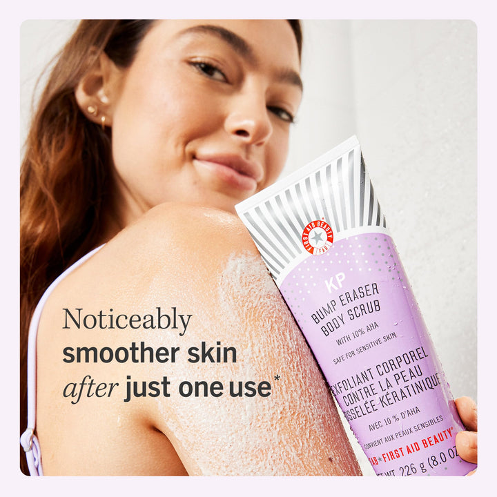 First Aid Beauty - KP Bump Eraser Body Scrub with 10% AHA, Keratosis Pilaris Skin Exfoliator with Glycolic & Lactic acids, Helps Reduce Chicken Skin Bumps, Safe for Sensitive Skin, 2 oz, 3 ct