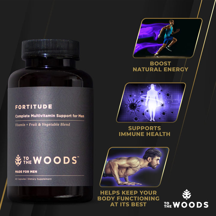 To The Woods Fortitude Complete Multivitamin Support for Men - 20 Organic Raw Fruits & Vegetables, 24 Essential Vitamins & Minerals - Immune Health, Energy Booster (1 Bottle, 30 Capsules)