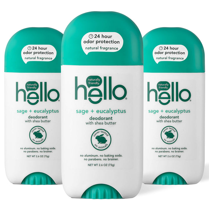 hello White Sage + Eucalyptus Deodorant With Shea Butter for Women + Men, 24 Hour Odor Protection, No Aluminum + No Baking Soda, Vegan & Parabens Free, 2.6oz, 3 count