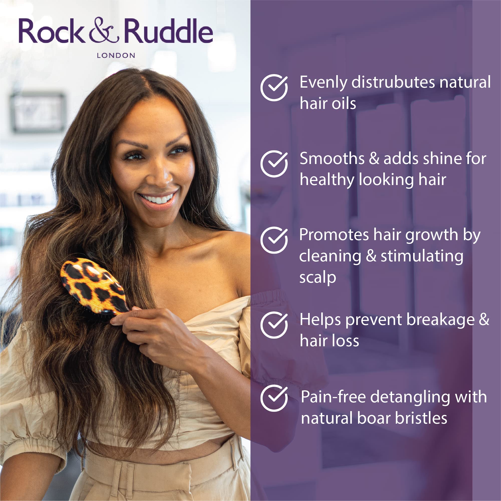 Rock & Ruddle Natural Mixed Boar Bristle Hair Brush for Women and Kids (Large 8.3) - Perfect for Wet or Dry Hair, Detangling Smoothing Blowdrying - Designed & Made in UK - Flamingoes Design
