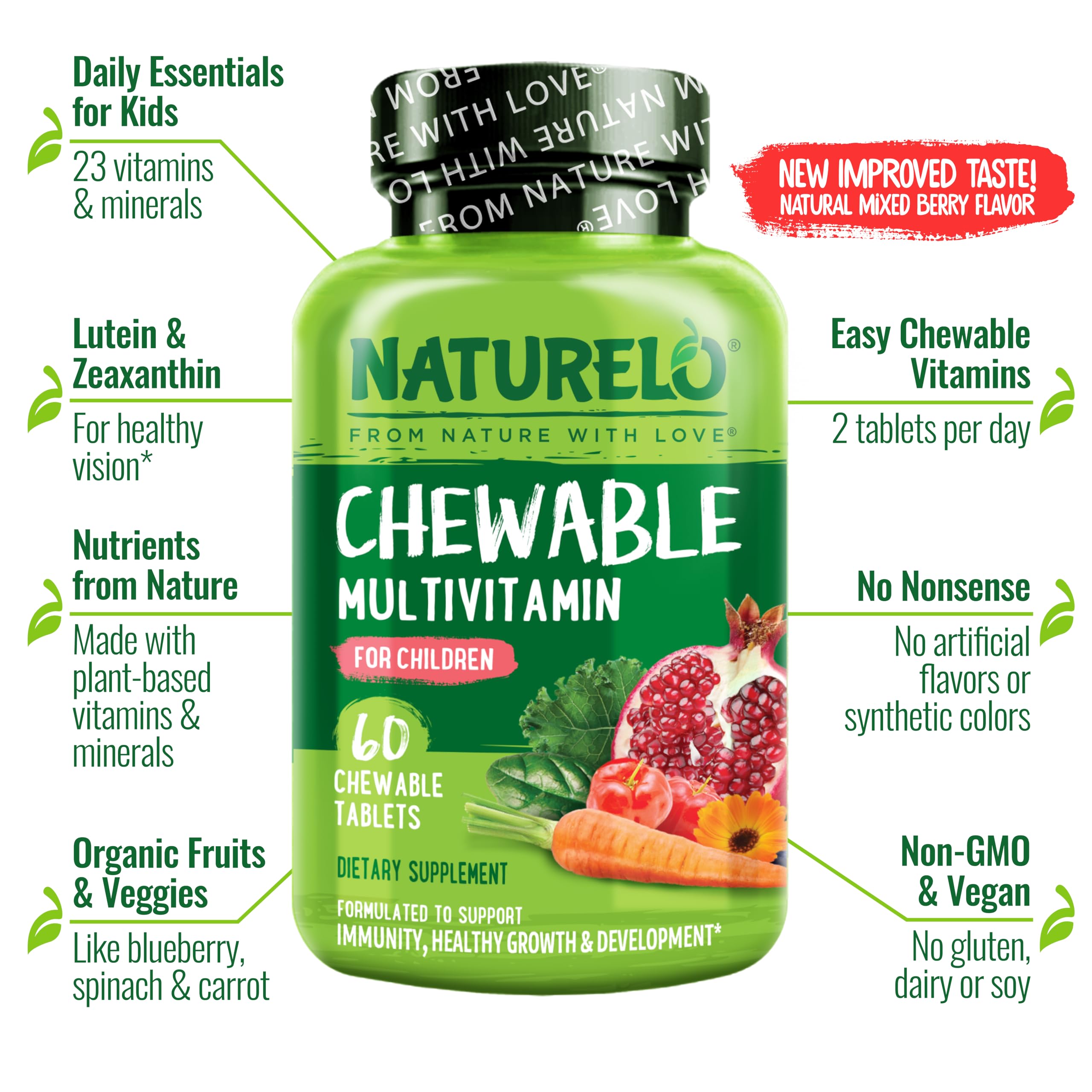 NATURELO Chewable Vitamin for Kids – Multivitamin with Whole Food Organic Fruit Blend - 60 Tablets for Children