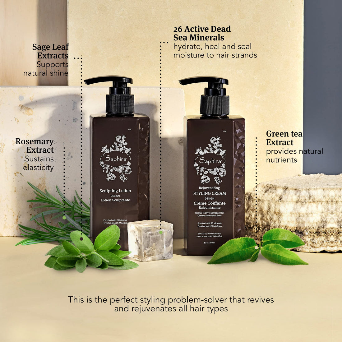 Saphira Rejuvenating Styling Cream for Coarse to Dry / Damaged Hair Enriched with 26 Dead Sea Minerals, Pure Keratin, Vitamin E and Natural Extracts. Paraben-free and Parrafin-free (8.5oz/250ml)