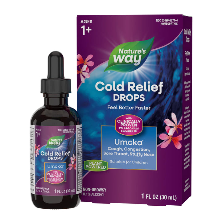 Nature's Way Cold Relief Drops, Umcka, Feel Better Faster, Multi-Symptom Cold Relief, Homeopathic, Shortens Sore Throat, Cough and Congestion, Non-Drowsy, 1 Fl Oz (Packaging May Vary)