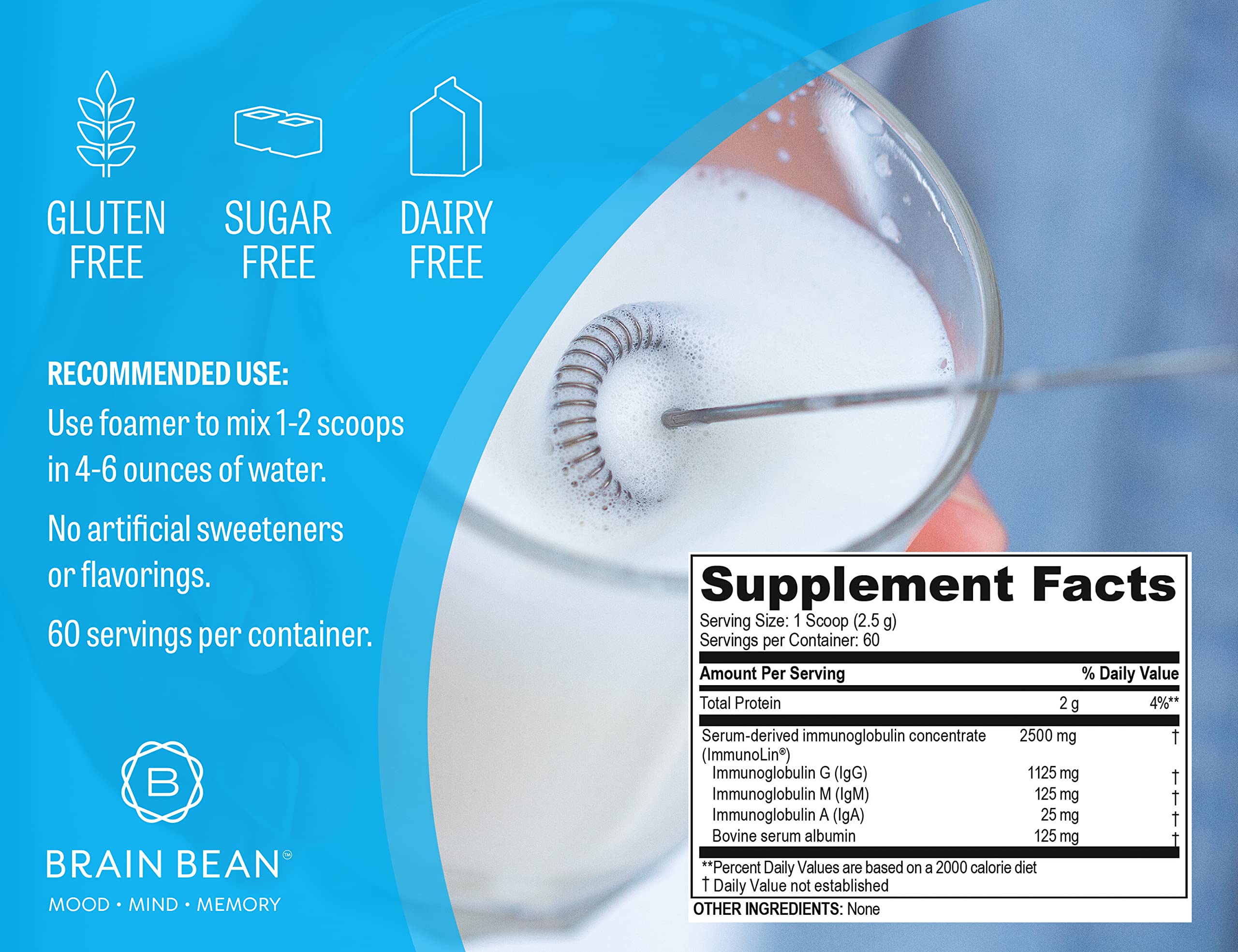 Brain Basics Ultra Pure IgG Supplement - Dairy-Free Supplement IgG-Immunolin Powder, Blended Vitamin & Mineral Supplements, 150g, 60 Servings