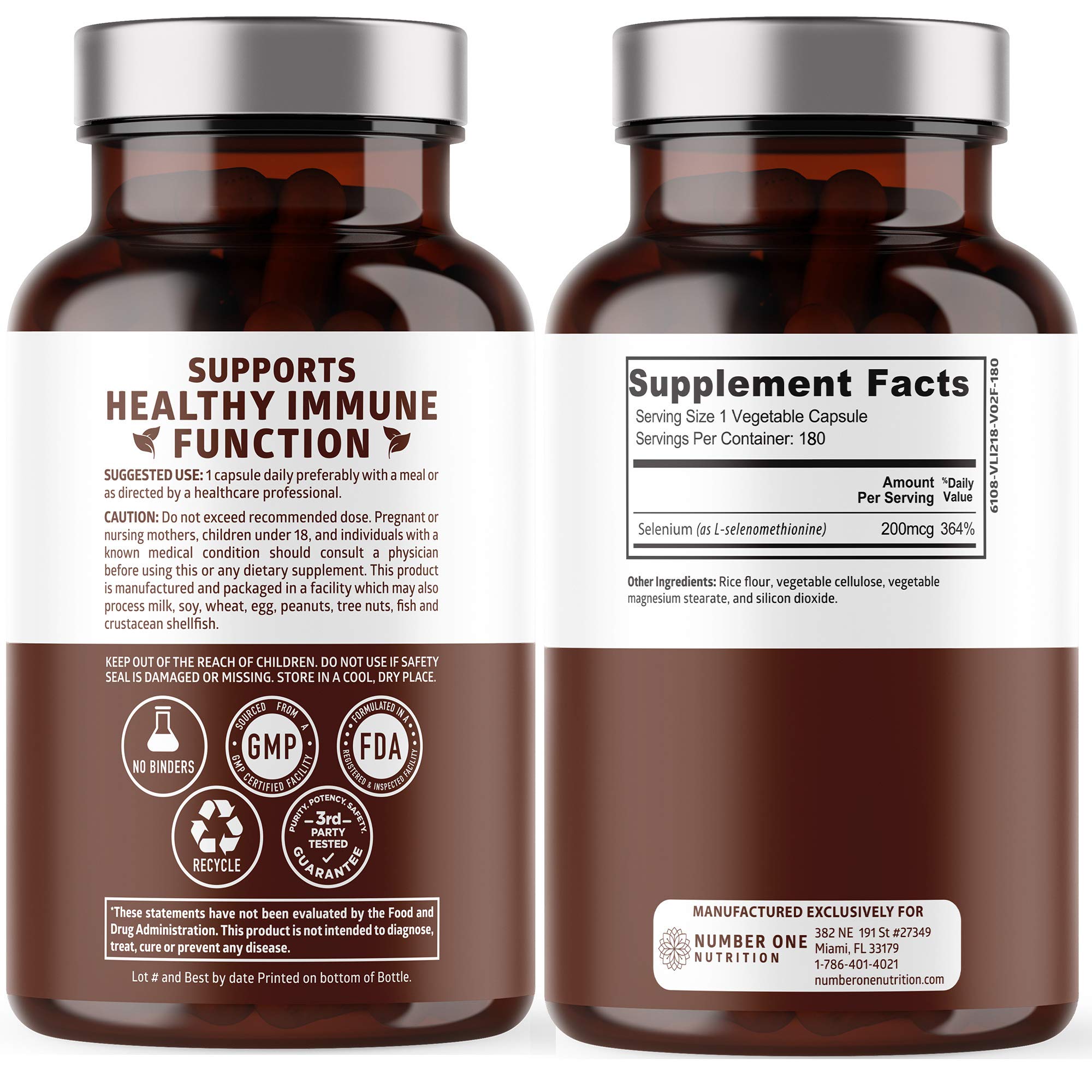 N1N Premium Pure Selenium [200MCG, Max Absorption] Essential Trace Mineral to Support Immunity, Heart, Thyroid and Prostate Health, 180 Veg Caps