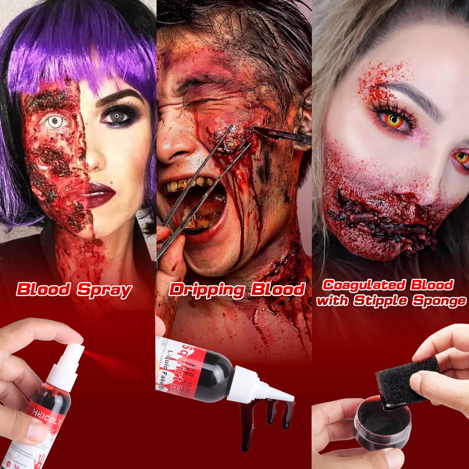 MEICOLY 4PCS Halloween Fake Blood Makeup Kit,Special Effects SFX Makeup Set for Zombie Vampire Monster Cosplay,2.1oz Fake Blood Spray+2.1oz Dripping Blood+1.06oz Coagulated Blood+Stipple Sponge