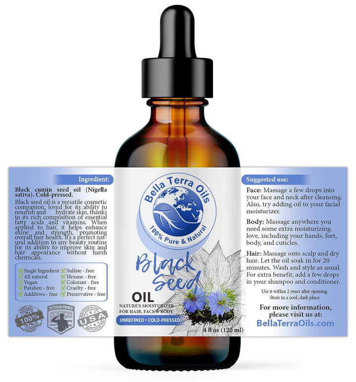 NEW Black Seed Oil. 4oz. Cold-pressed. Unrefined. Organic. 100% Pure. Nigella Sativa Black Cumin Oil. Hexane-free. Antioxidant-rich. Natural Moisturizer. For Hair, Face, Body, Nails, Stretch Marks.