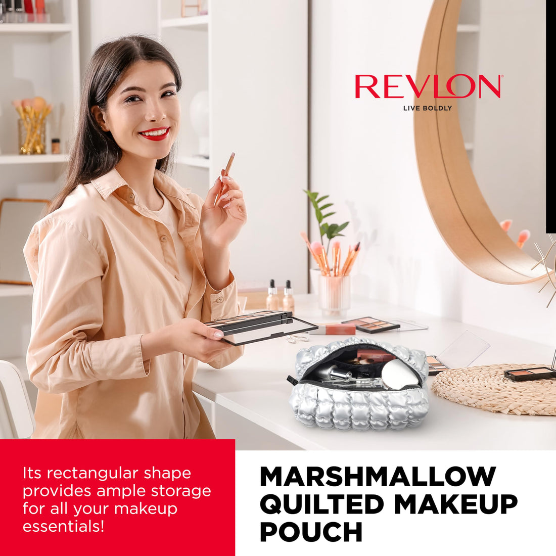 Revlon Quilted Makeup Bag - Marshmallow Quilted Makeup Pouch, Travel Makeup Organizer with Zipper, Cosmetic Bag, Mini Makeup Case, Toiletry Pouch, Lipstick, Makeup Brush Organizer Bag, Silver Metallic