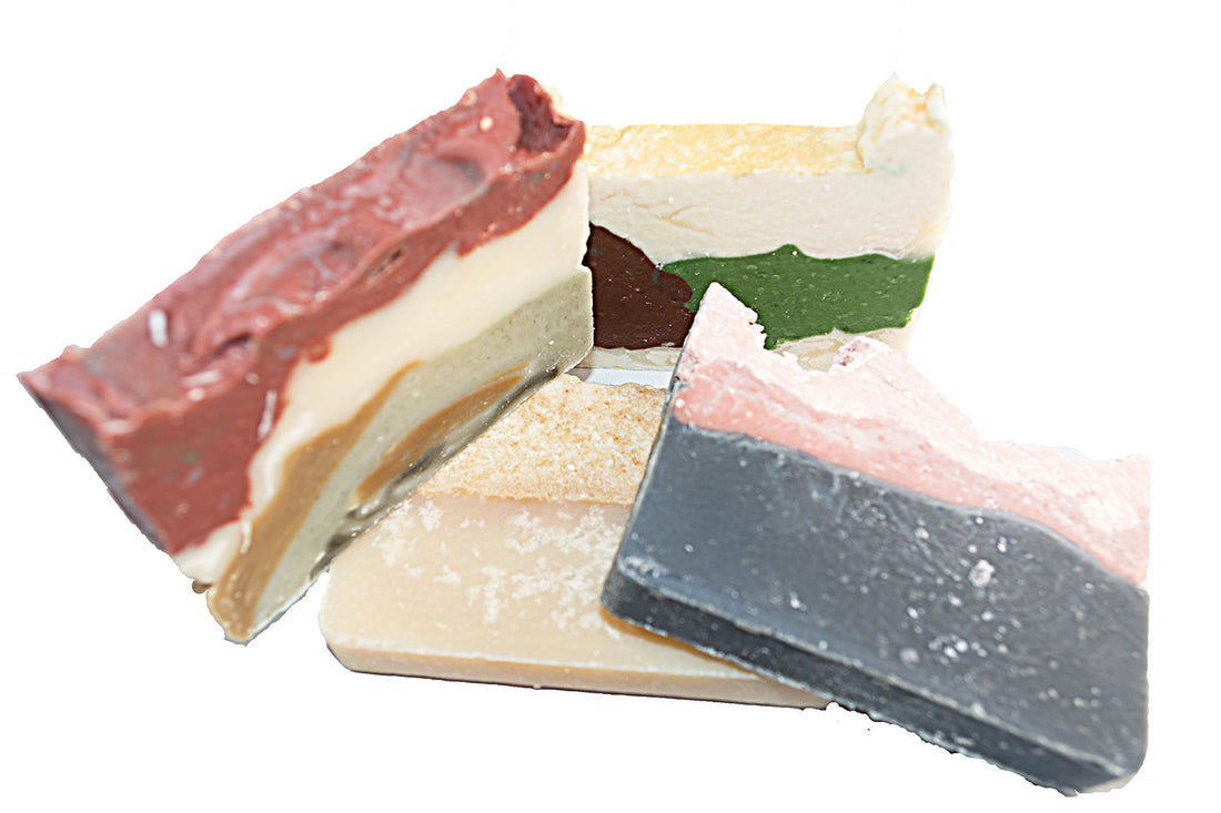 Forrest Soap Set (4 Guest Bar Set)-all Natural Handmade Soaps with Earthy, Natural and Raw Experience!/1 Rose Clay and Himalayan Pink Salt, 1 Brazilian Mud with Lavender Buds, 1 Bamboo with Lilac Blossoms and 1 West Indian Bay Rum Soap Bars/ Set of 4