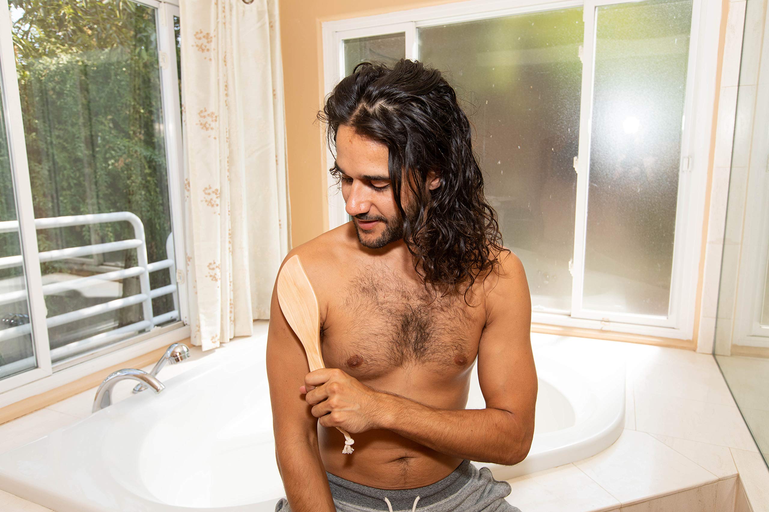 GranNaturals Dry Skin and Body Brush - 11.4 Inches - Improve Blood Circulation, Exfoliate Skin, Reduce Cellulite - Curved Natural Bristle Exfoliating Brush for Back, Legs, Feet