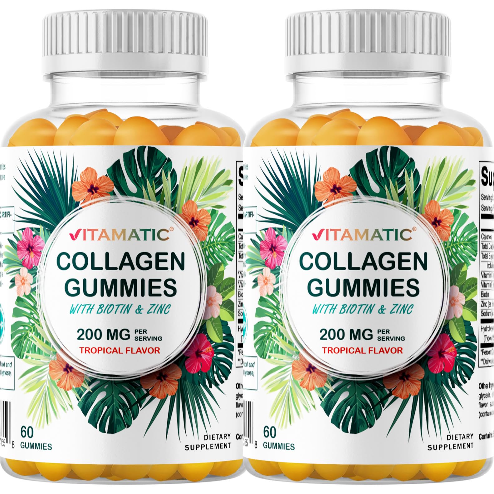 Vitamatic 2 Packs Hydrolyzed Collagen Gummies with Vitamin C, Zinc and Biotin, 200 mg - 60 Gummies (Total 120 Count)
