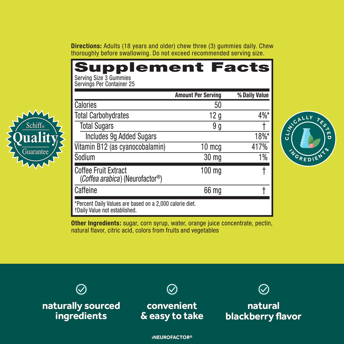 NEURIVA Brain + Energy Gummies, Nootropic Brain Supplements for Focus and Concentration with Neurofactor, Vitamin B12 & Caffeine for an Energy Boost*, 75ct Natural BlackBerry