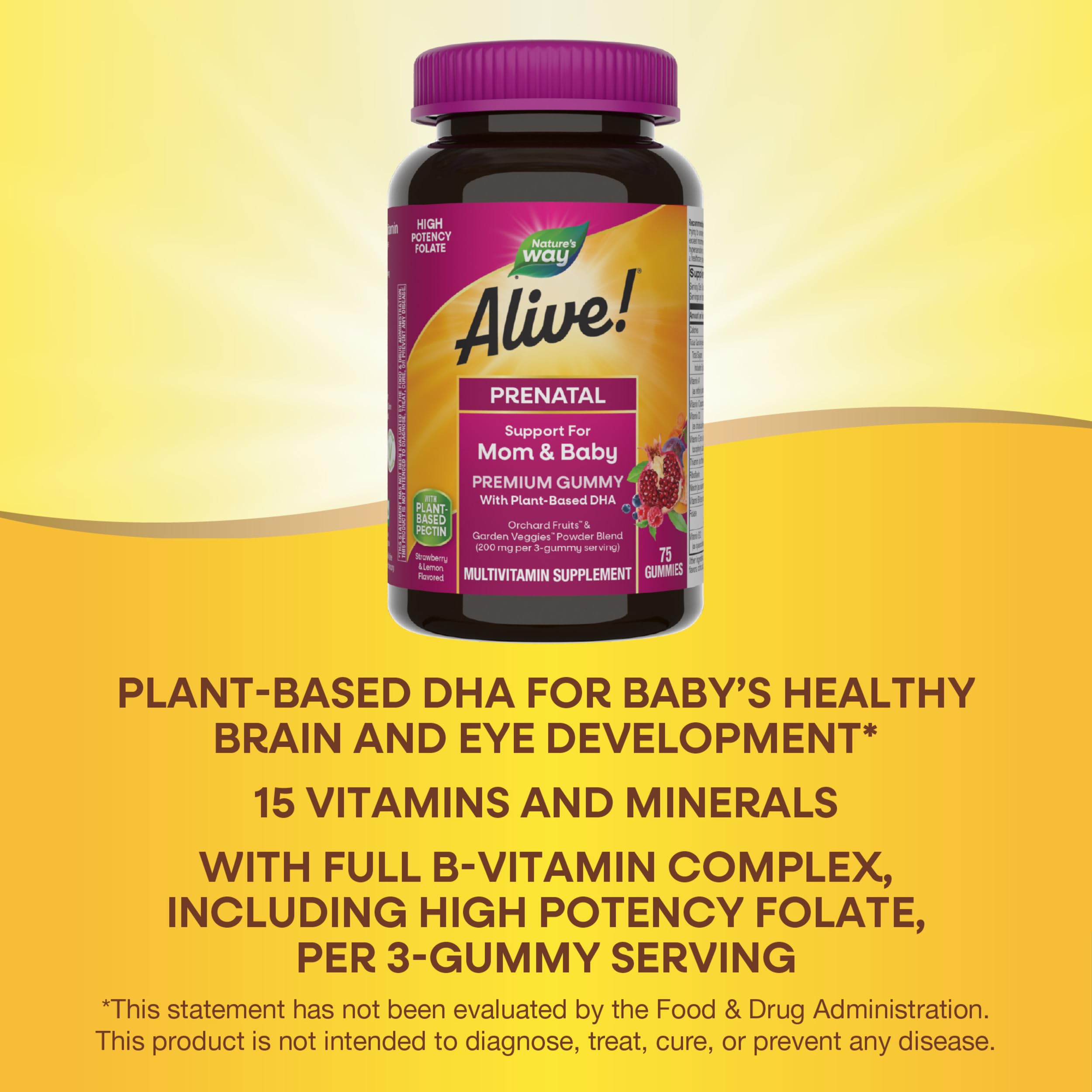 Nature’s Way Alive! Prenatal Premium Gummy Multivitamin, High Potency Folate, Plant-Based DHA, Vegetarian, Strawberry and Lemon Flavored, 75 Gummies (Packaging May Vary)