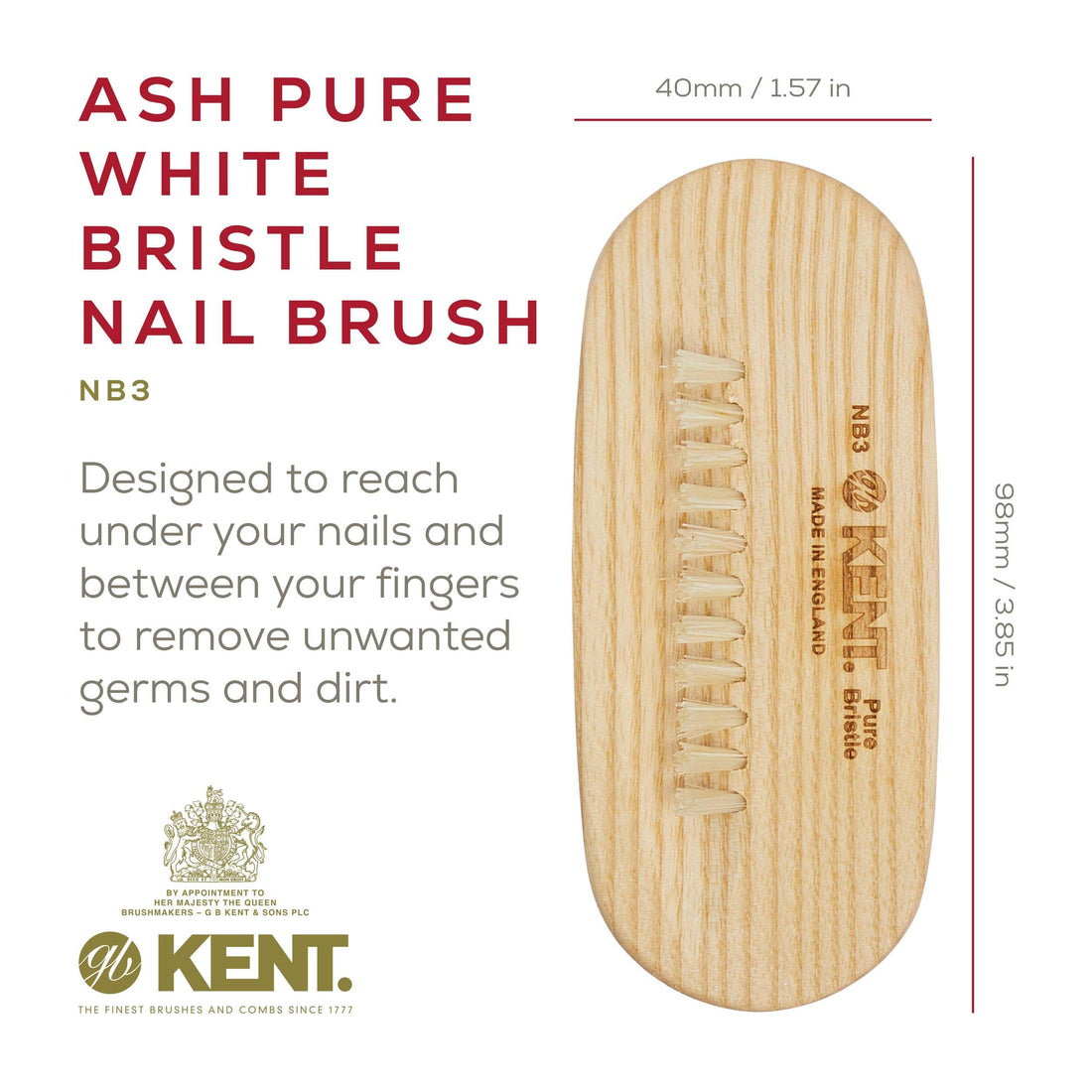 Kent Pure Beechwood and Pure Bristle Nail Brush, 98mm