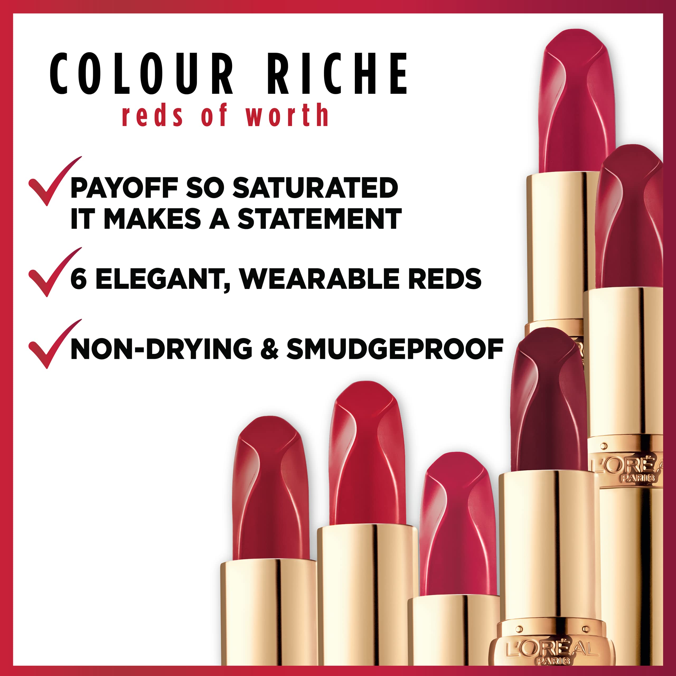 L'Oreal Paris Colour Riche Red Lipstick, Long Lasting, Satin Finish Smudge Proof Lipstick with Hydrating Argan Oil & Vitamin E, Reds of Worth, Successful Red, 0.13 Oz