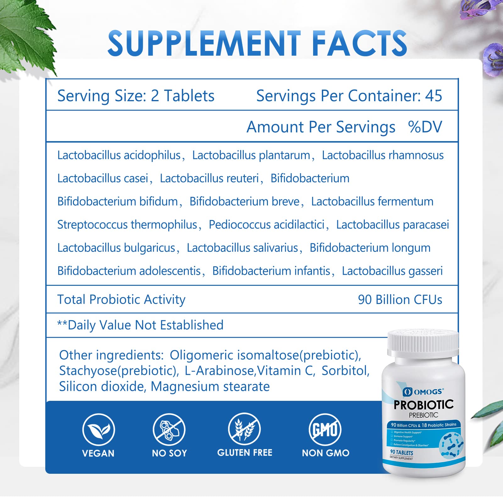 OMOGS Probiotics 90 Billion CFUs 18 Strains,with 3 Organic Prebiotics & Vitamin C,Nutritional Supplement for Women,Men & Kids,Support Metabolism,Immunity and Digestive Health,Non-GMO, 90 Tablets