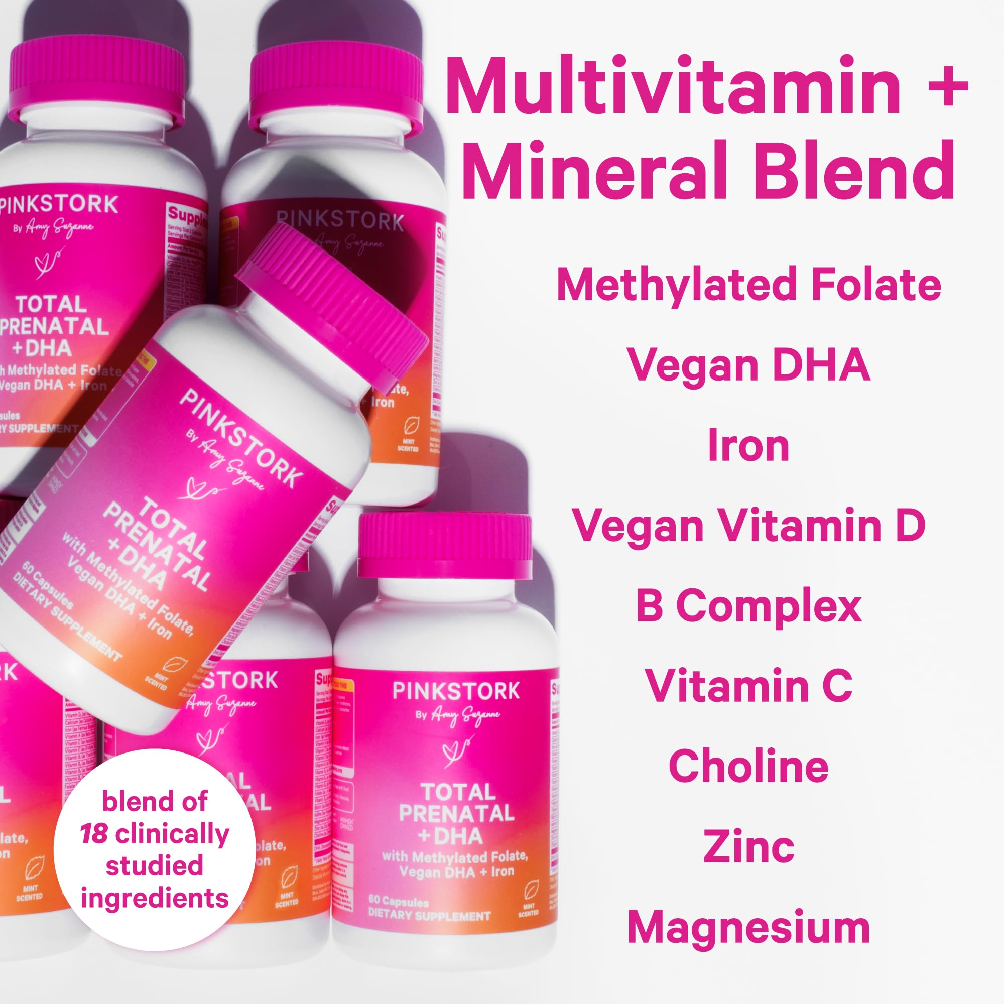 Pink Stork Total Prenatal Vitamins with DHA, Folate, Iron, Choline, and Vitamin B12 - Preconception Nutrition - Prenatals for Women, Pregnancy Must Haves - Mint Essence, 60 Capsules, 1 Month Supply