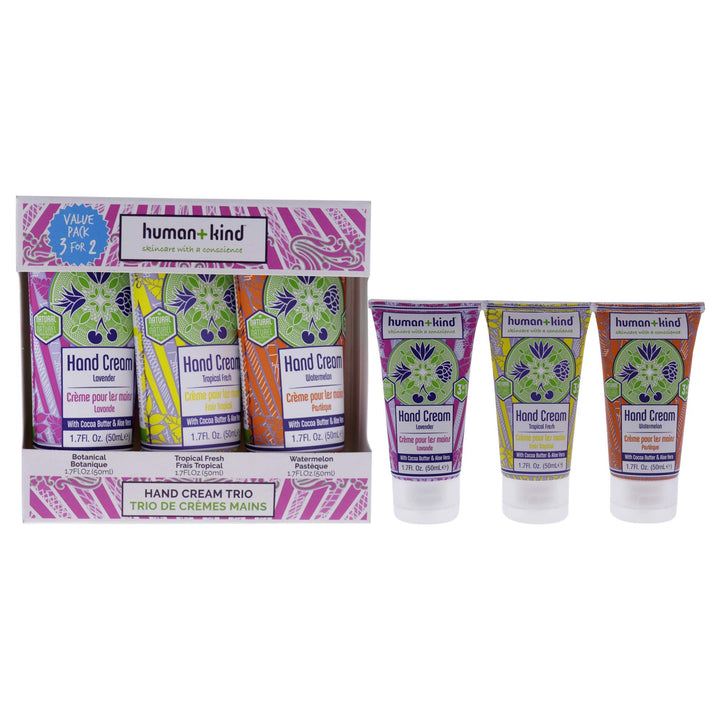 Human+Kind Hand Cream Trio - Lavender, Tropical Fresh, and Watermelon - Moisturizes Hands, Elbows, and Feet - Enriched with Avocado Oil and Shea Butter - Natural, Vegan Skin Care - 3-Pack