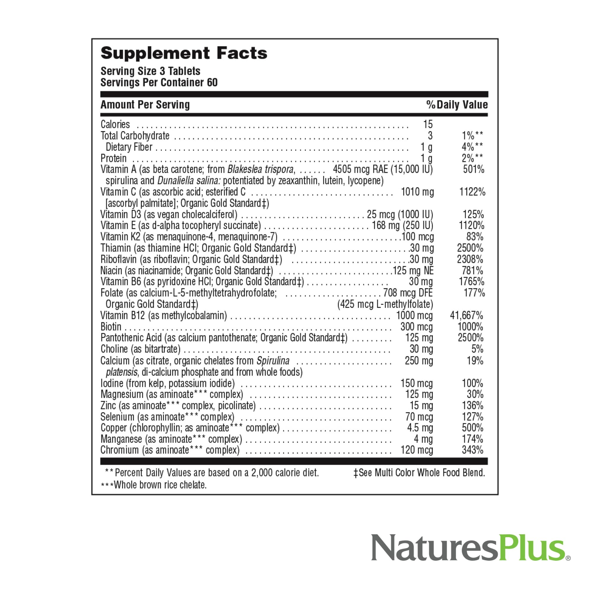 Natures Plus Source of Life Gold Multivitamin - 180 Tablets - Blood Support, Bone Support, Healthy Immune System - Includes Vitamins D3, B12, K2 & Over 120 Whole Food Nutrients - 60 Servings