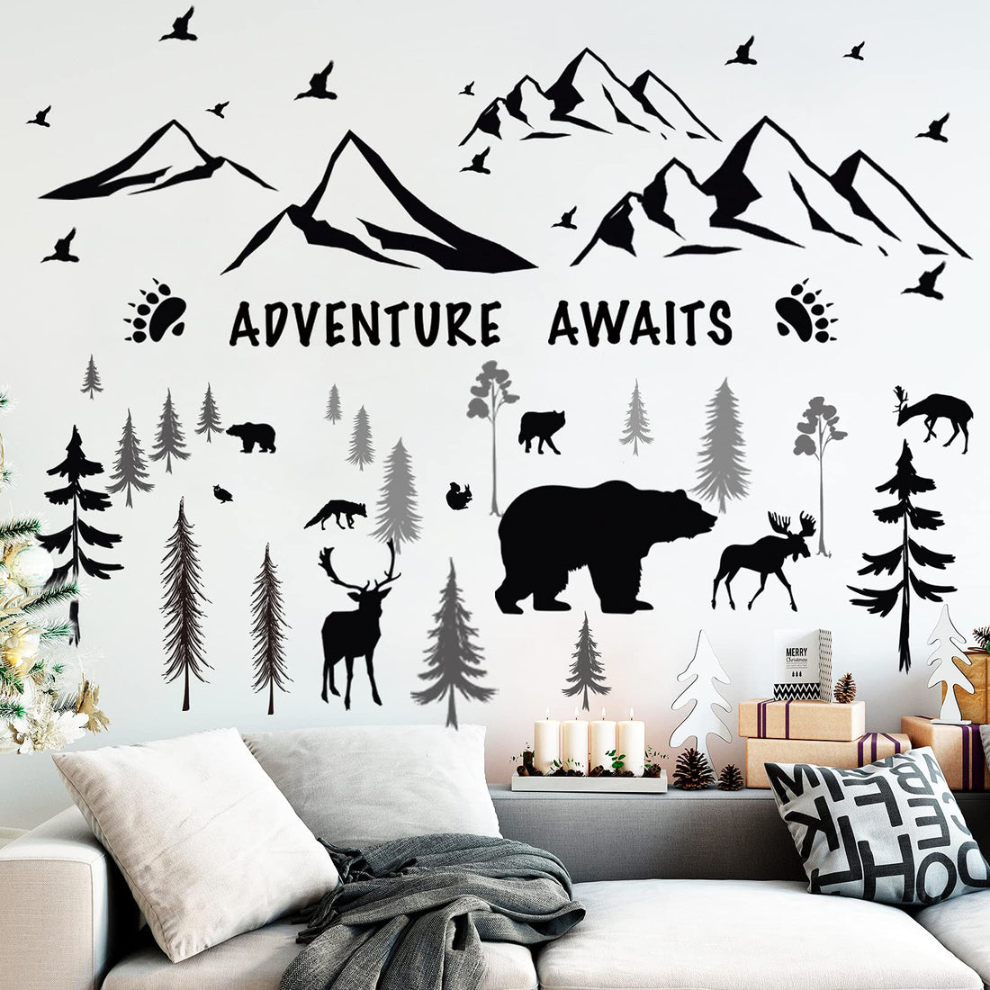 Chinco 4 Sheets Mountain Wall Decal Rustic Wall Stickers Nursery Dreamy Forest with Pine Tree Deer Peel and Stick Inspirational Quote Decals DIY for Kids' Room (Black,11.81 x 9.45 Inches)
