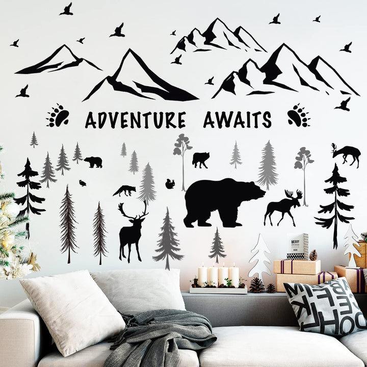 Chinco 4 Sheets Mountain Wall Decal Rustic Wall Stickers Nursery Dreamy Forest with Pine Tree Deer Peel and Stick Inspirational Quote Decals DIY for Kids' Room (Black,11.81 x 9.45 Inches)