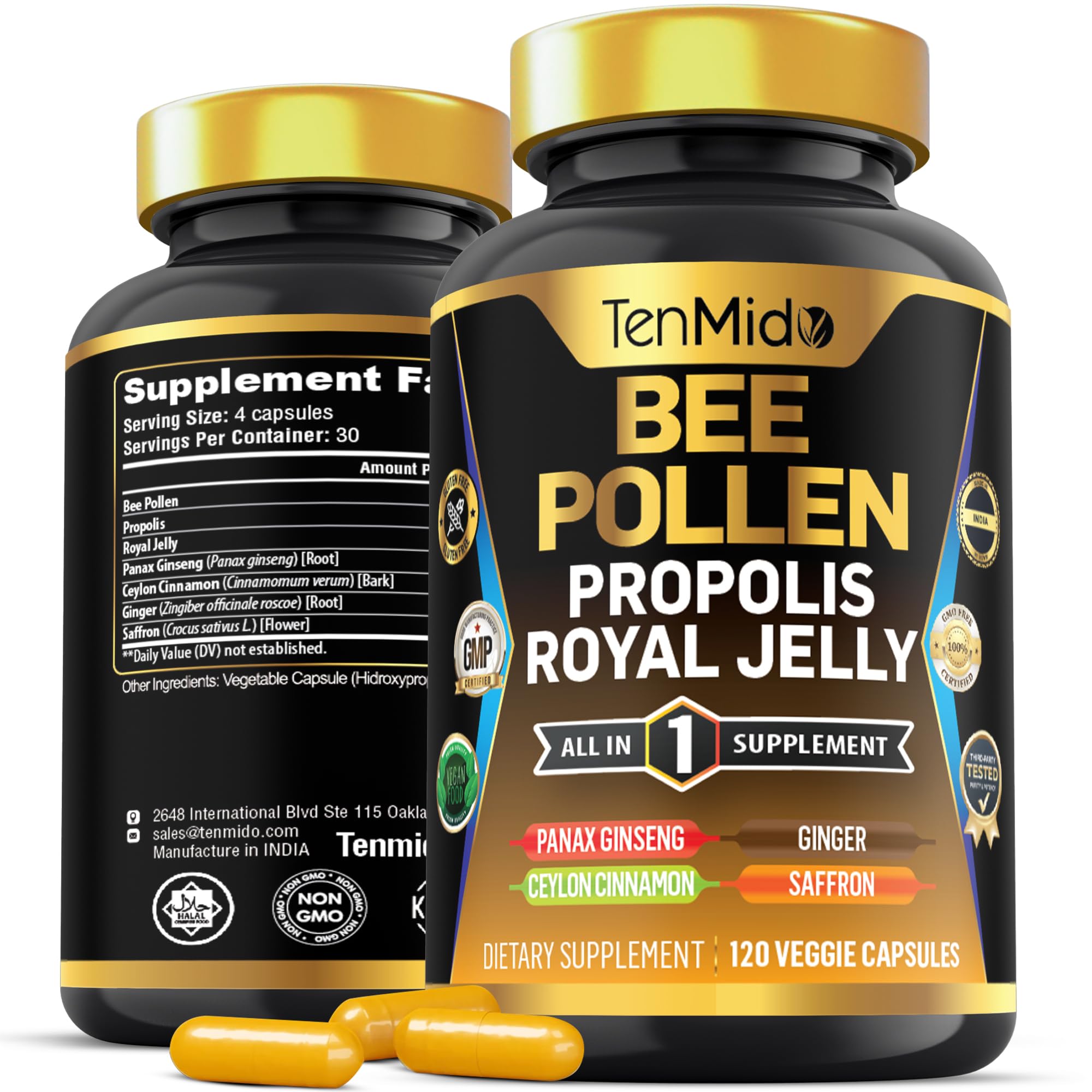 Tenmido Organic Bee Pollen Supplement - 7in1 Formula - Combine with Propolis, Royal Jelly, Panax Ginseng, Ceylon Cinnamon, Ginger, and Saffron - Digestive Health, Immune Support - 120 Capsules