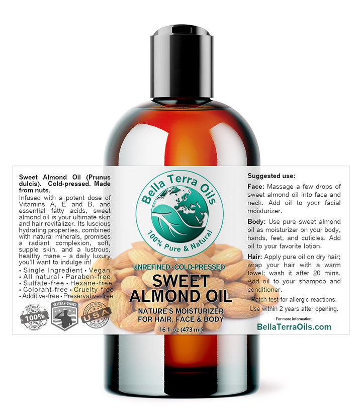 Bella Terra Oils - Organic Sweet Almond Oil 16 oz - Harnessing Almond’s Rich Vitamin A & B Profile, Cold-Pressed, Ideal for Radiant Skin