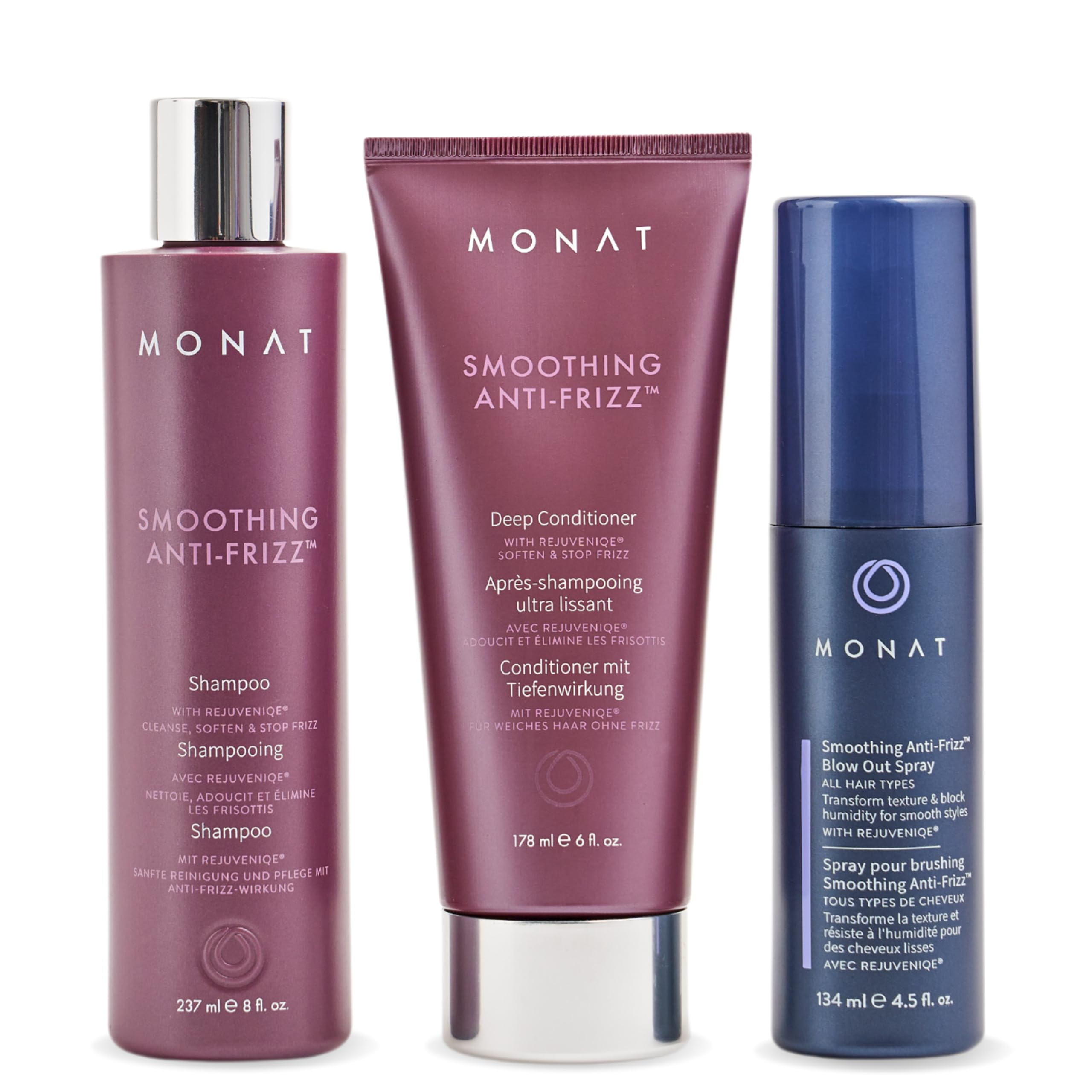 MONAT Smoothing Anti Frizz System – Frizz Resistant Hair Care with Anti Frizz Shampoo Frizz Control Conditioner & Blowout Styling Spray – Professional Hair Smoothing Hair Therapy for Frizz