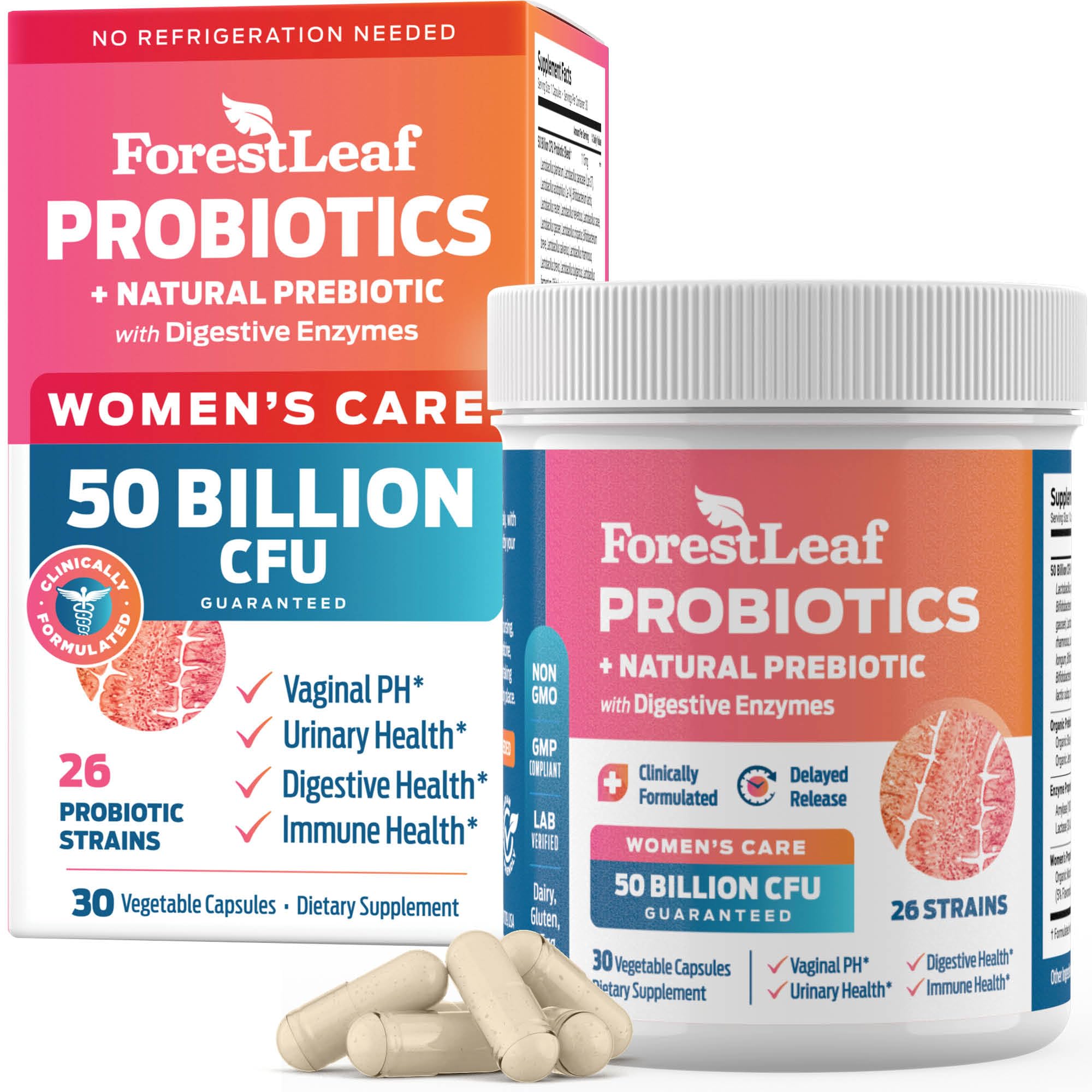 ForestLeaf Womens Probiotic 50 Billion CFU with Organic Prebiotics, Digestive Enzymes, Cranberry, D-Mannose - Prebiotics Probiotics for Women Digestive Health & Vaginal Probiotics Support, 30 Capsules