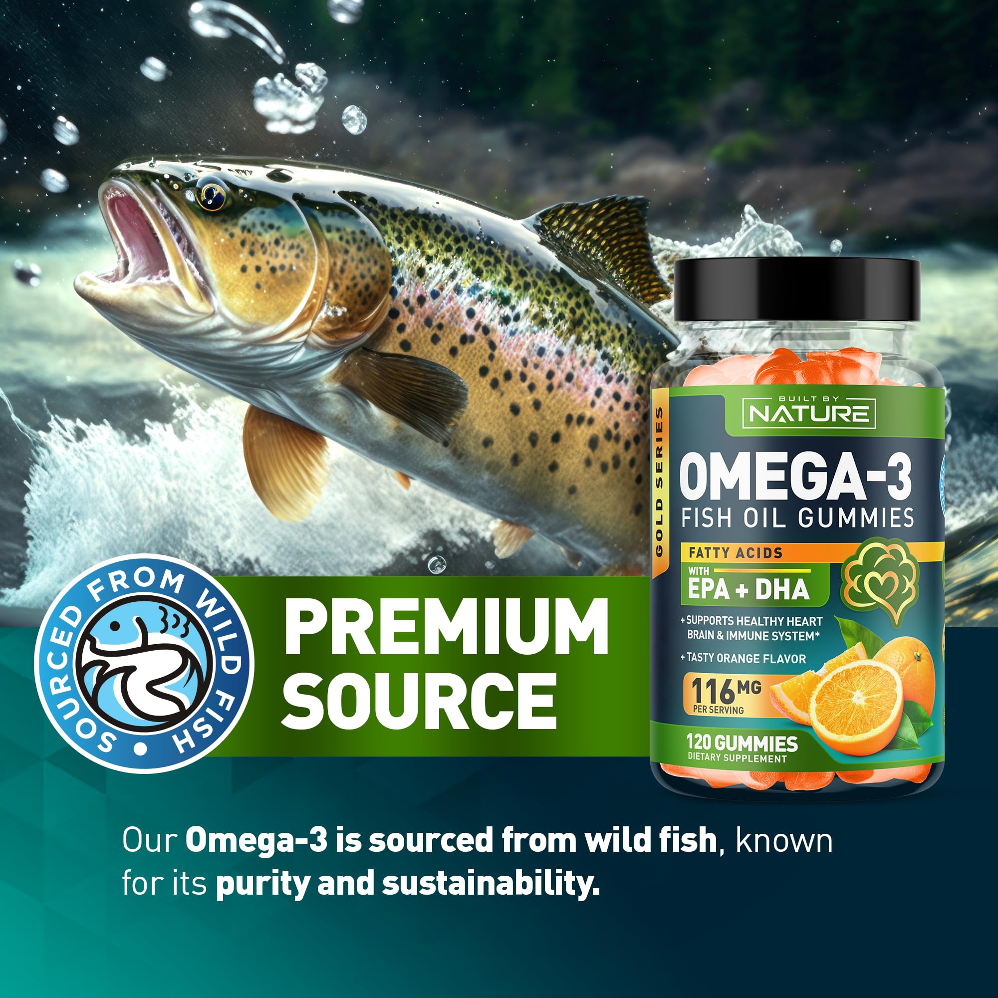 Omega 3 Fish Oil Gummies with EPA & DHA from Wild Fish - Triple Strength Omega 3 Fish Oil Gummy, Supports Healthy Heart, Brain & Immune System, Burpless & Natural - 120 Gummies, 60 Day Supply