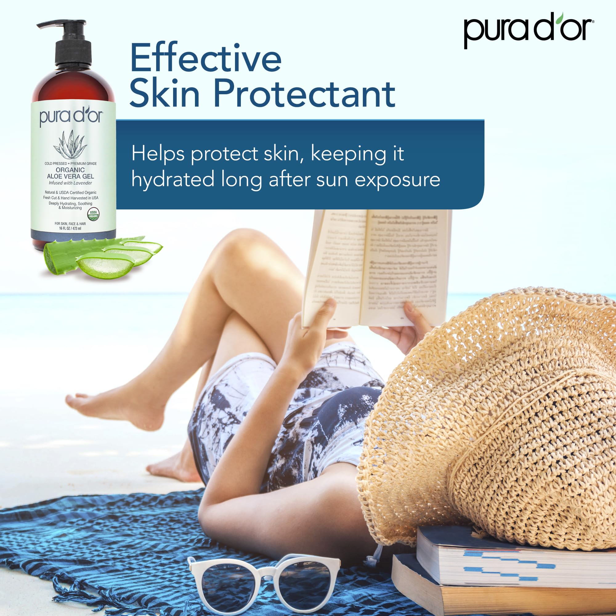 PURA D'OR Organic Aloe Vera Gel (16oz) 100% Pure USDA Certified Organic - Deeply Hydrating, For Clearer, Softer & Moisturized Skin - Helps with Sunburn, Bug Bites, Rashes, Small Cuts, Eczema Relief