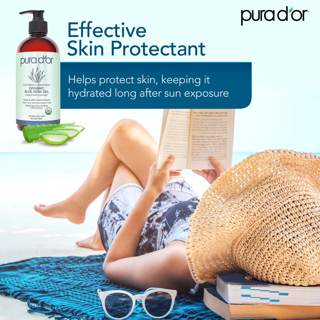 PURA D'OR Organic Aloe Vera Gel (16oz) 100% Pure USDA Certified Organic - Deeply Hydrating, For Clearer, Softer & Moisturized Skin - Helps with Sunburn, Bug Bites, Rashes, Small Cuts, Eczema Relief