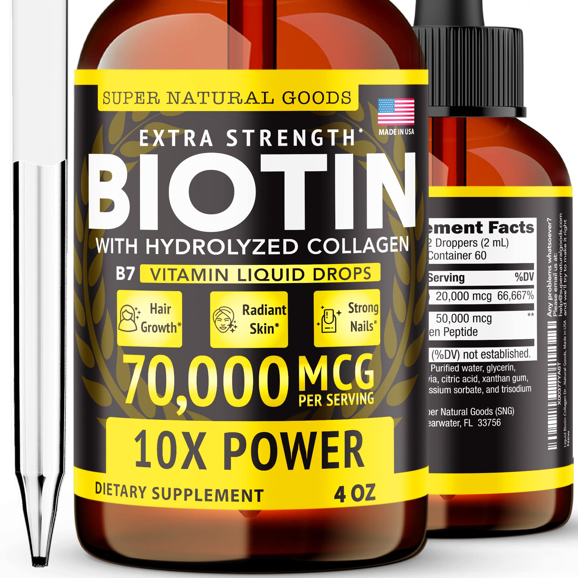 Liquid Biotin & Collagen 70,000mcg Hair Growth Vitamin Drops - Healthy & Radiant Skin, Strong Nail Support - High Potency Hair Loss Supplement For Damaged Strands, USA Made For Men & Women (4oz)