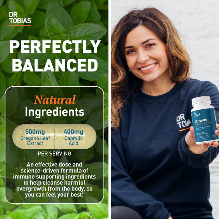 Dr. Tobias Oregano and Caprylic Acid Blend, Gut Flora Balance Complex with Probiotics & Enzymes for Intestinal and Immune Support, Gut Health Supplements for Women & Men, 120 Capsules, 60 Servings