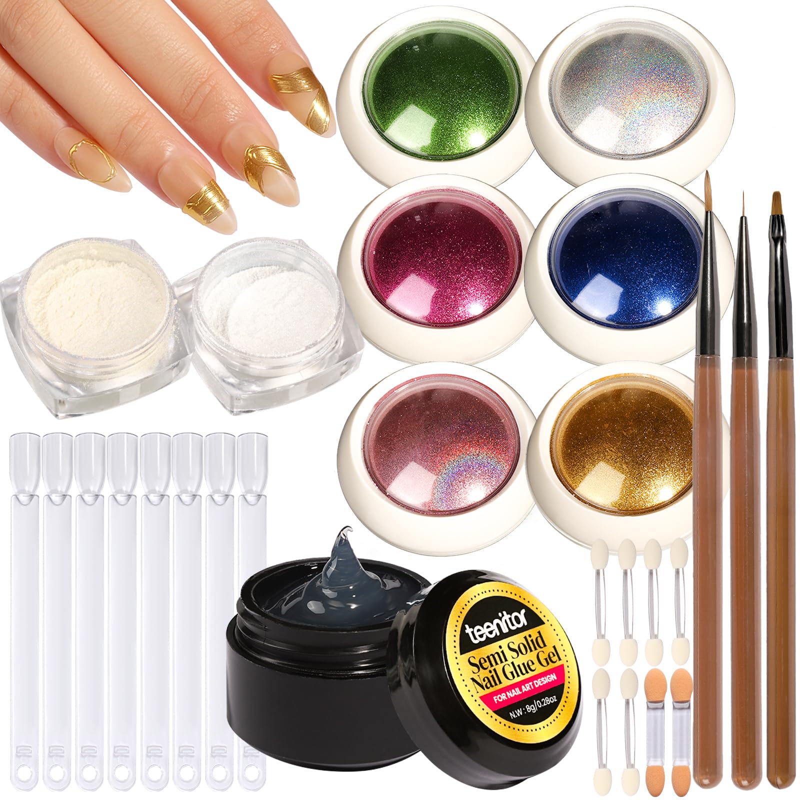 Teenitor Chrome Nail Powder with 3D Nail Gel, Nail Supplies Chrome Powder for Nails Gold Chrome Nail Powder, Nail Art Tools White Pearl Chrome Nail Powder