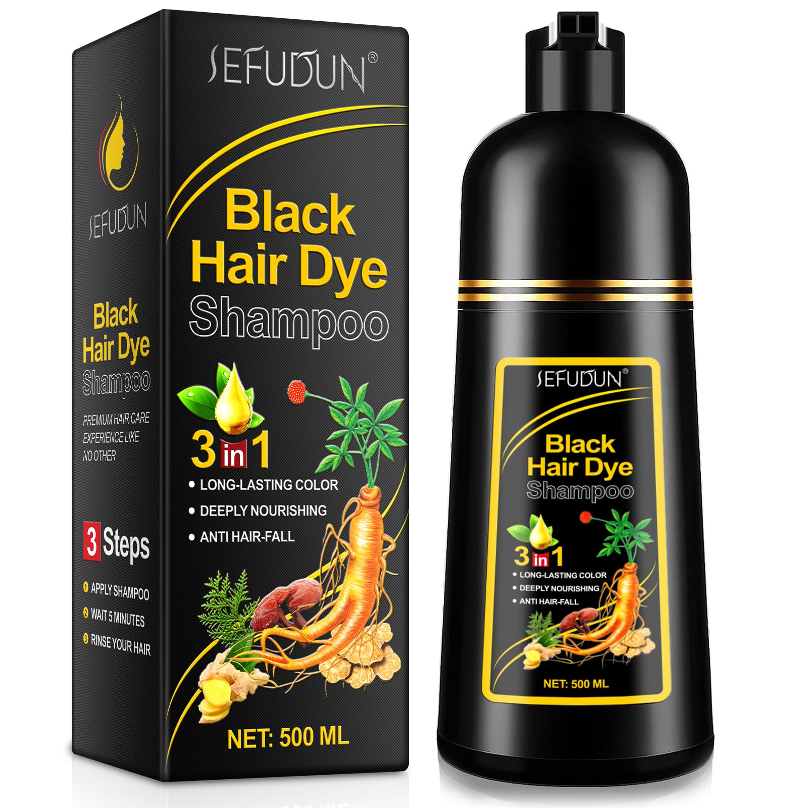 NIFEISHI Black Hair Dye Shampoo, 3 in 1 Herbal Ingredients Natural Shampoo Black Hair Dye for Gray Hair, Dye Shampoo for Women & Men 500ml