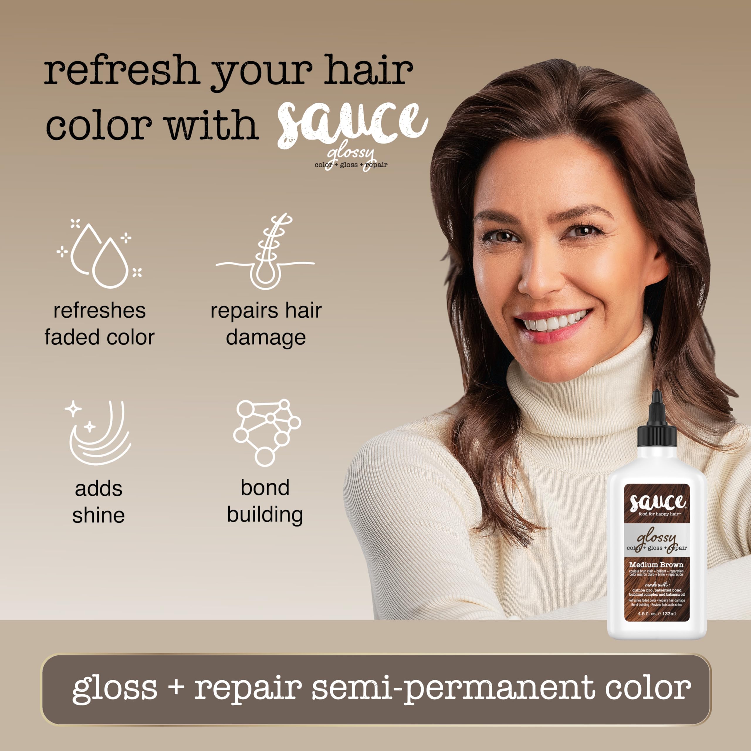 Sauce Beauty Glossy Color + Gloss + Repair, Medium Brown, Semi Permanent Hair Dye with Bond-Building and Color-Fade Protection Technology, Adds Shine & Deep Moisture, Lasts 4-8 Weeks, Stops Fade
