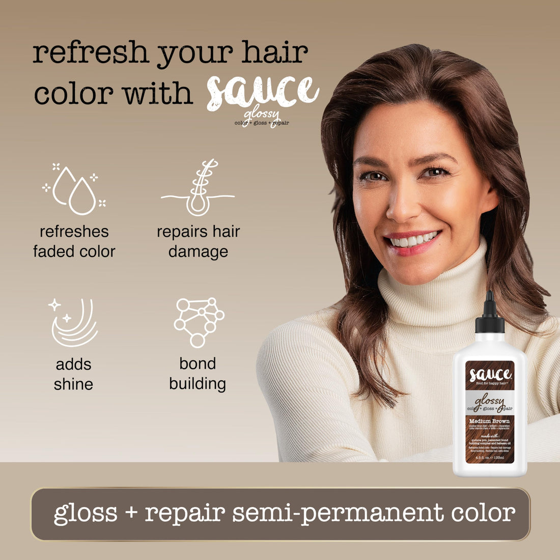 Sauce Beauty Glossy Color + Gloss + Repair, Medium Brown, Semi Permanent Hair Dye with Bond-Building and Color-Fade Protection Technology, Adds Shine & Deep Moisture, Lasts 4-8 Weeks, Stops Fade