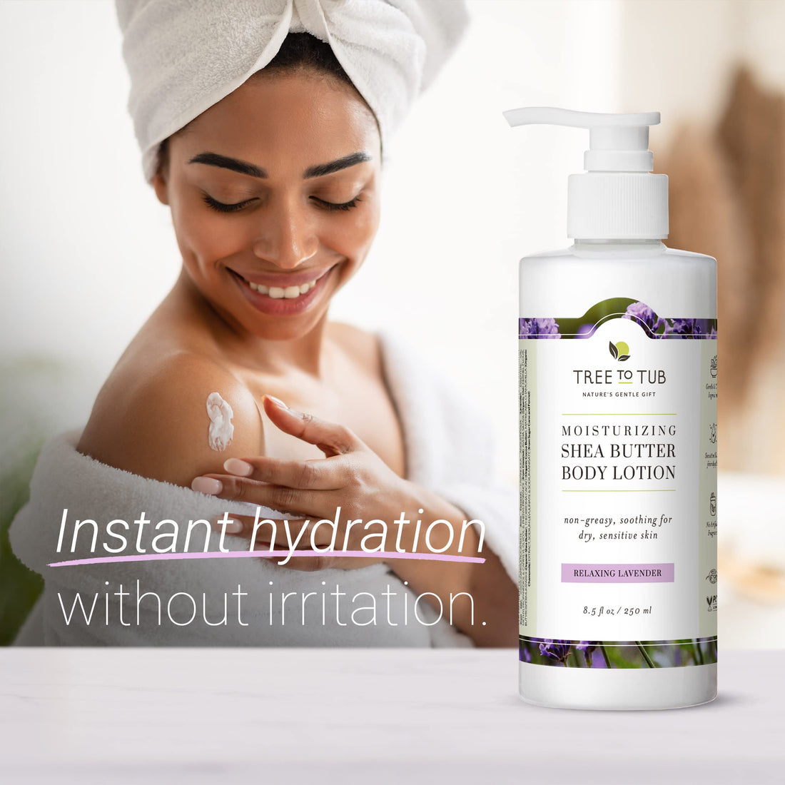 Moisturizing Body Lotion for Dry Skin by Tree To Tub - pH 5.5 Balanced Sensitive Skin Lavender Lotion for Men & Women, Light, Quick Absorb, with Organic Shea Butter, Cocoa Butter 8.5 oz