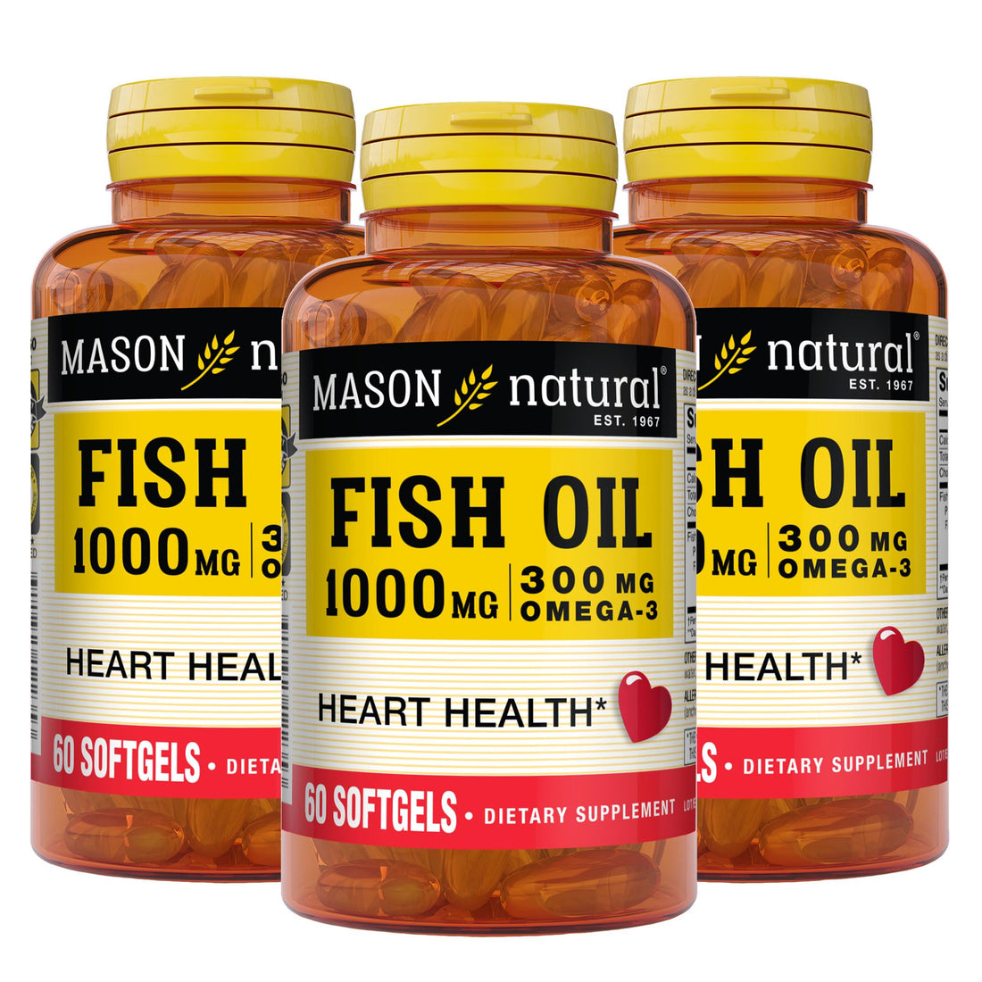 MASON NATURAL Omega-3 Fish Oil, 180-Day Supply, 1000mg with EPA and DHA for Joint Support, 60 Softgel Pills (Pack of 3)