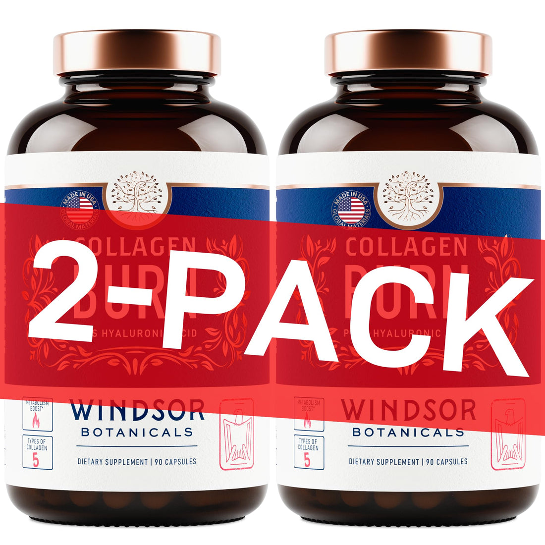Thermogenic Multi Collagen Burn Capsules - Hydrating Hyaluronic Acid, Marine Collagen Supplements for Women and Men & Vitamin C - Hydrolyzed Collagen Complex 5 Types- 2-Pack, 180 Pills