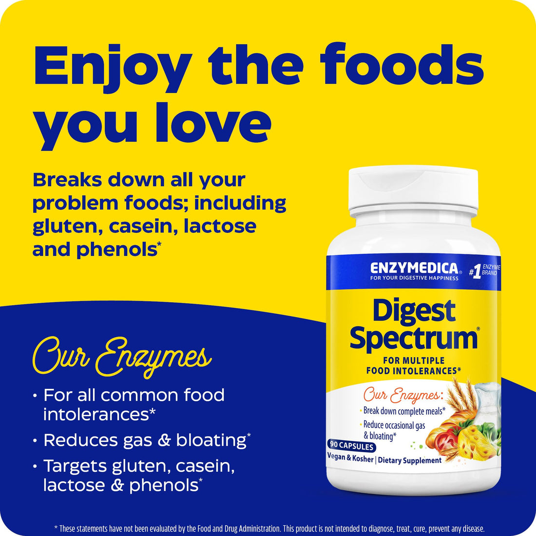 Enzymedica Digest Spectrum, Digestive Enzymes for Multiple Food Intolerances, Offers Fast-Acting Gas & Bloating Relief, 90 Capsules FFP