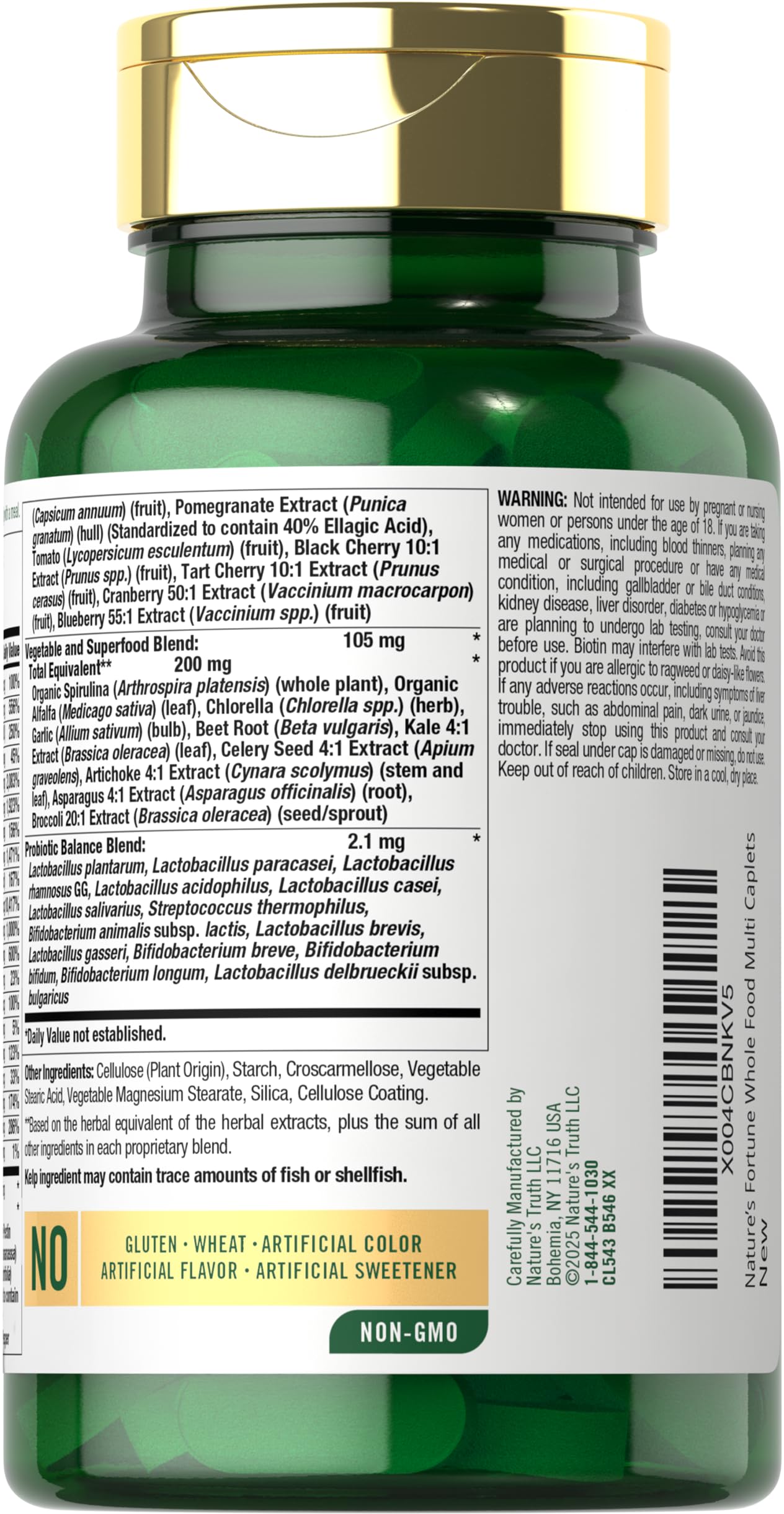Nature's Fortune Whole Food Multivitamin with Probiotics | 120 Coated Caplets | Made with 20 Fruits and Vegetables | Non-GMO & Gluten Free Supplement