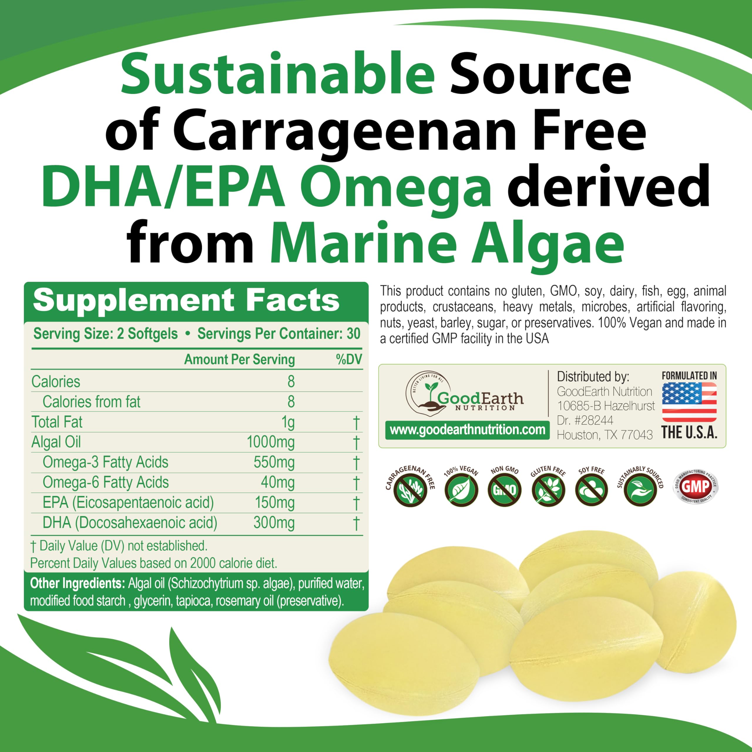 Vegan Omega 3 - Carrageenan Free Plant Based Algal DHA/EPA- 60 Veggie Softgels - Supports Brain, Heart, Joints & Prenatal Health - Essential Fatty Acids Supplements