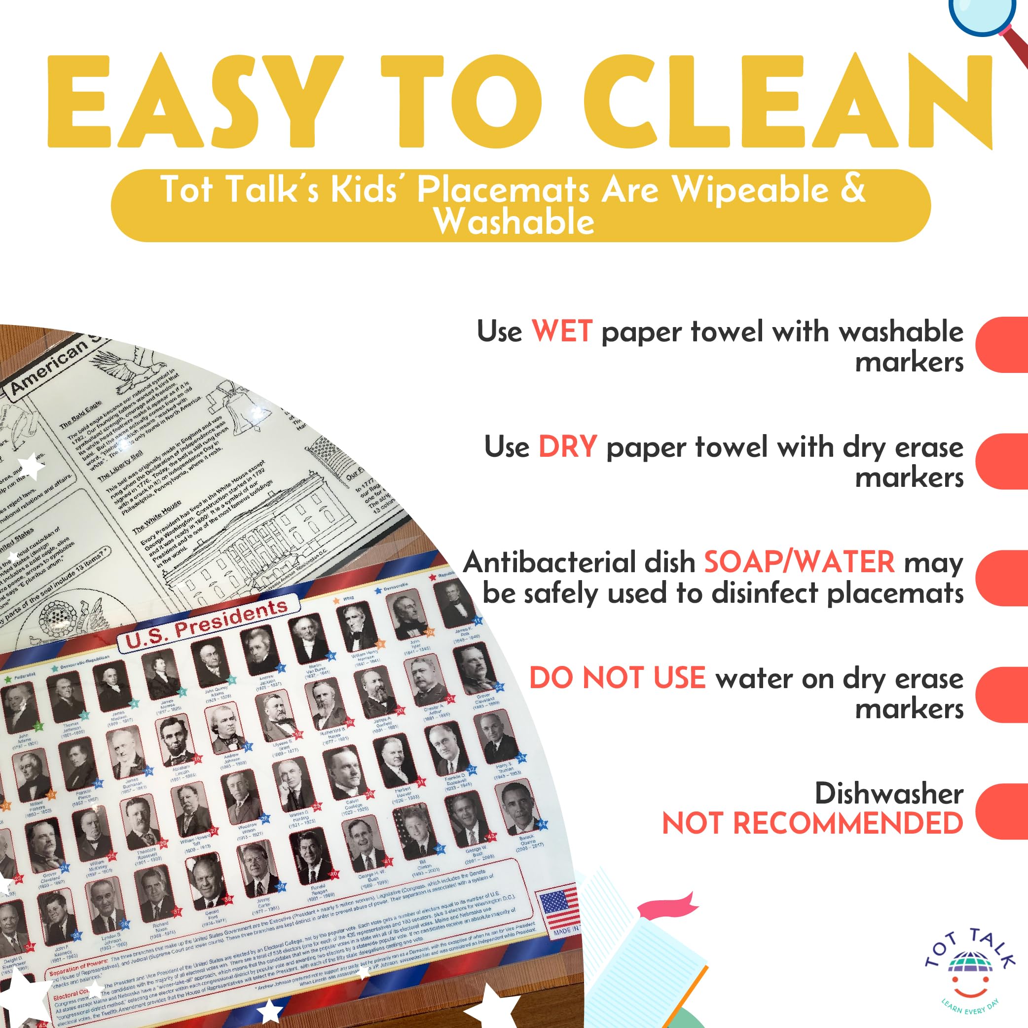 Tot Talk U.S. Presidents Educational Placemat for Kids – Made in USA – Durable, Parties, History, National Anthem & Landmarks – Waterproof Wipeable, 17.5” x 11.5”