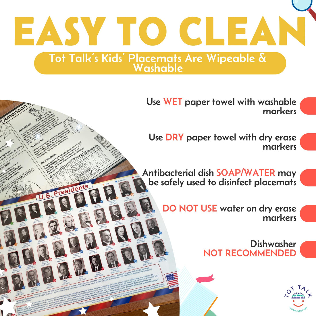 Tot Talk U.S. Presidents Educational Placemat for Kids – Made in USA – Durable, Parties, History, National Anthem & Landmarks – Waterproof Wipeable, 17.5” x 11.5”