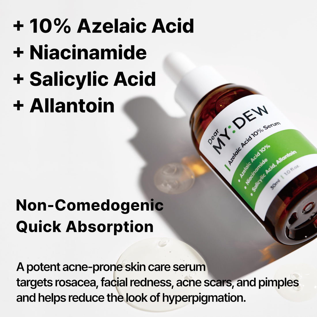 DearMYDEW 10% Azelaic Acid Serum with Niacinamide, Salicylic Acid, Allantoin, Rosacea Treatment for Face Redness Relief, Reduce Cystic Acne Scar, Pimples, Non-Comedogenic, Korean Skincare, 1Fl Oz