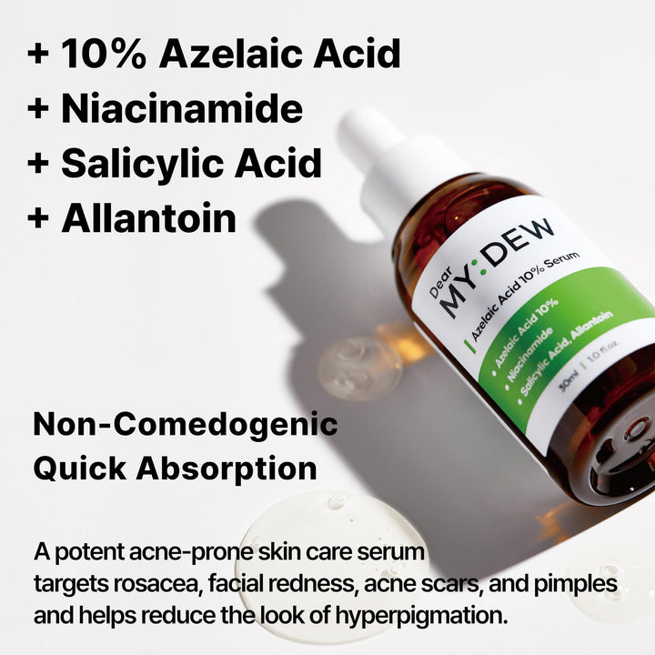 DearMYDEW 10% Azelaic Acid Serum with Niacinamide, Salicylic Acid, Allantoin, Rosacea Treatment for Face Redness Relief, Reduce Cystic Acne Scar, Pimples, Non-Comedogenic, Korean Skincare, 1Fl Oz